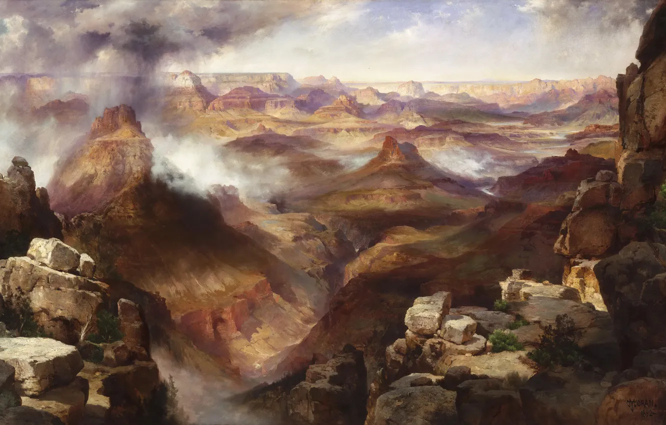 Photo wallpaper the sky, mountains, clouds, rain, picture, canyon, Colorado, Thomas Moran