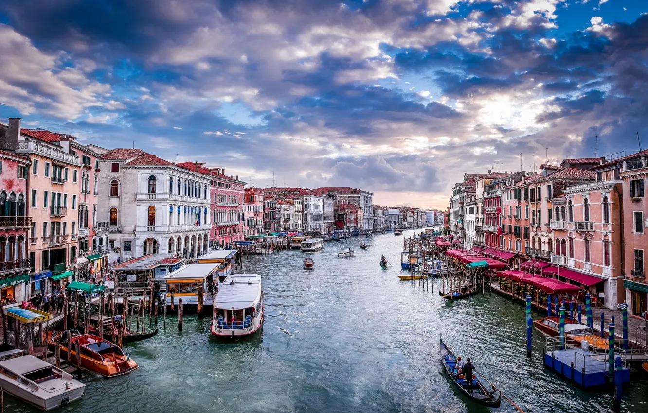 Photo wallpaper sunset, boats, Italy, Venice, channel, sunset, gondola, boats