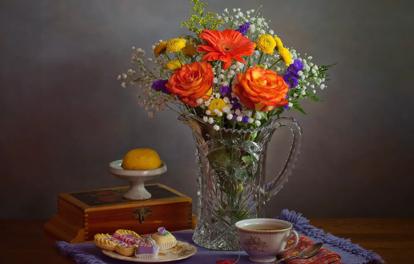 Photo wallpaper lemon, tea, roses, bouquet, cakes
