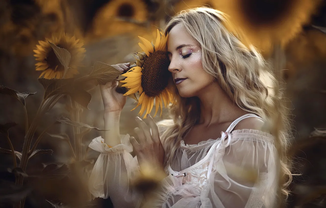 Photo wallpaper summer, girl, sunflowers