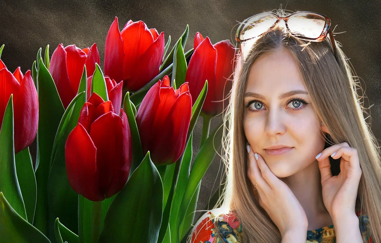 Photo wallpaper girl, flowers, tenderness, beauty, tulips