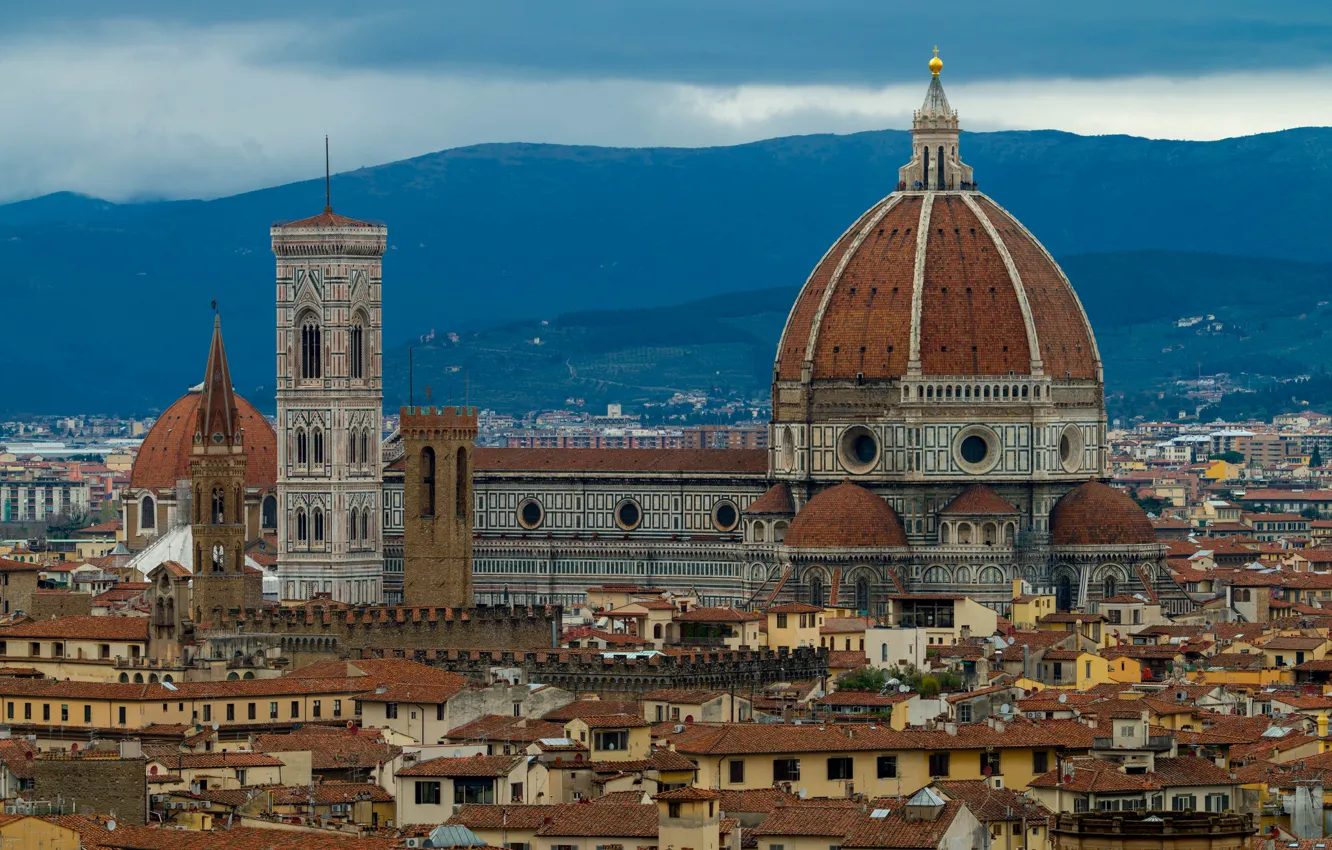 Photo wallpaper mountains, home, Italy, panorama, Florence, the dome, Giotto's bell tower, the Cathedral of Santa Maria …