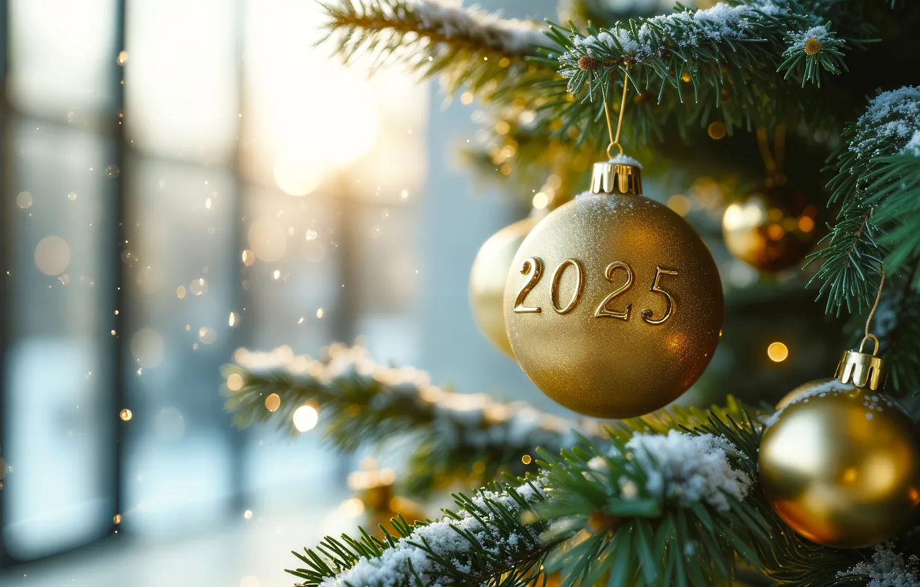 Photo wallpaper balls, branches, lights, tree, new year, Christmas, figures, herringbone