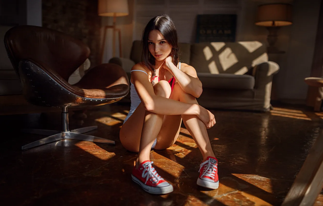 Photo wallpaper look, girl, sneakers, brunette, beauty, cutie, charming, George Chernyadev