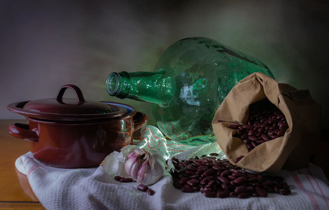 Photo wallpaper still life, bottle, beans