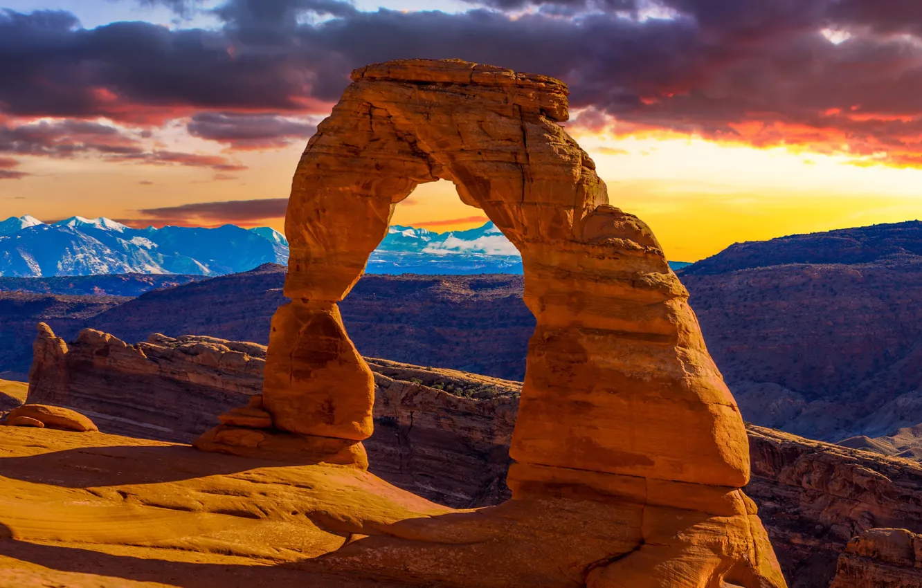 Photo wallpaper stone, sunset, rocks, natural arch