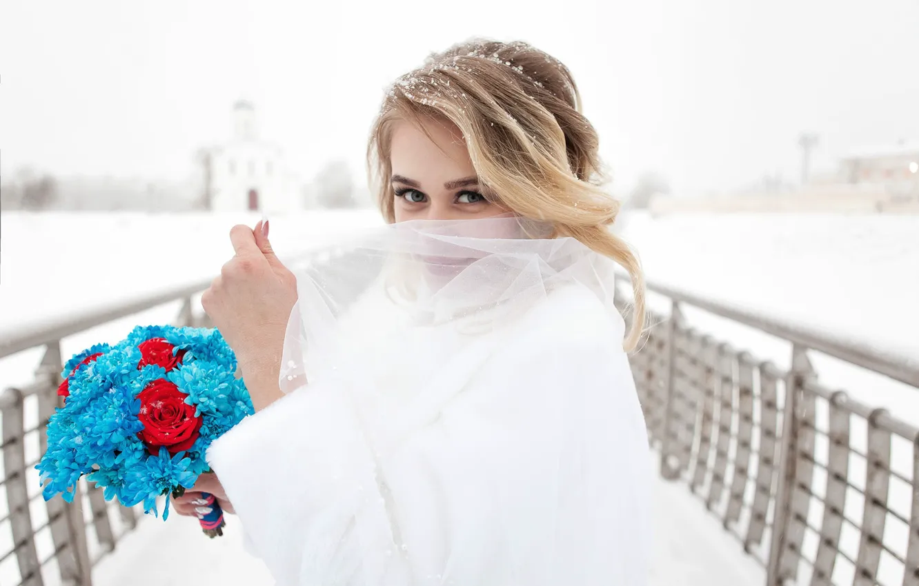 Photo wallpaper snow, smile, the bride, Nastya, Maks Orlovskii