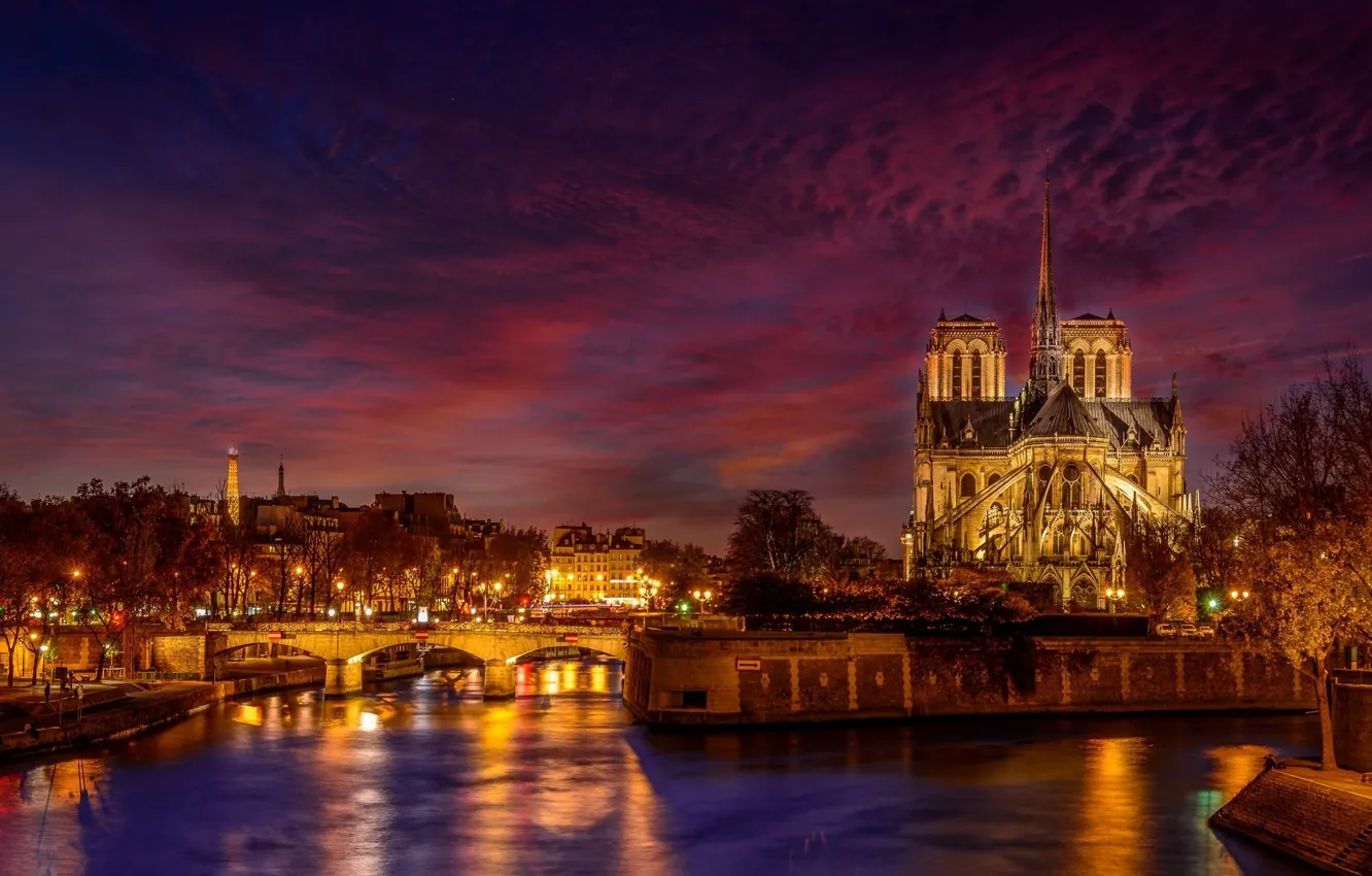 Photo wallpaper night, the city, France, Paris, Our Lady