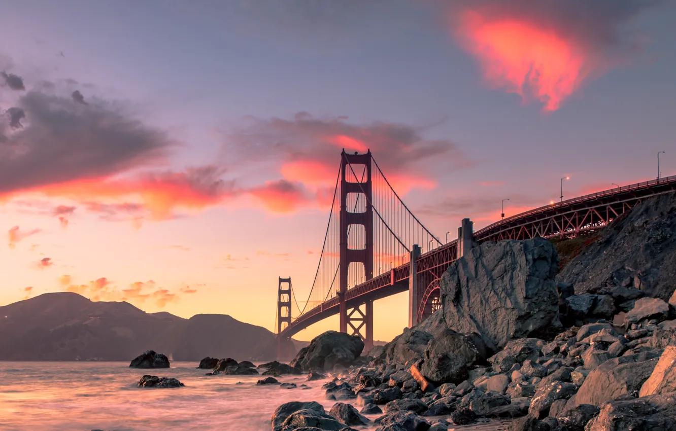 Photo wallpaper landscape, sunset, mountains, bridge, Strait, stones, rocks, the evening