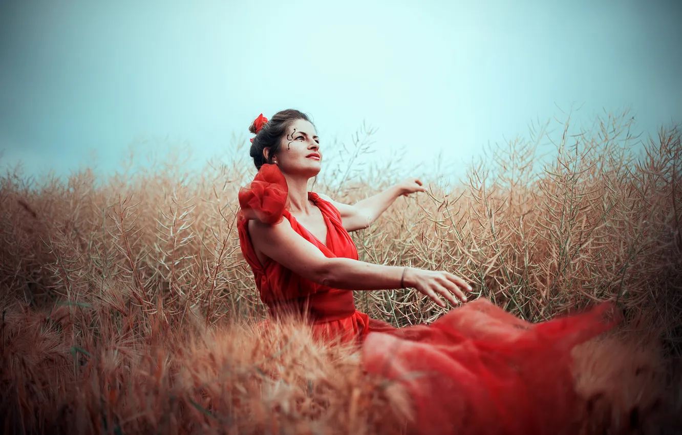Photo wallpaper field, summer, the sky, look, girl, nature, pose, smile