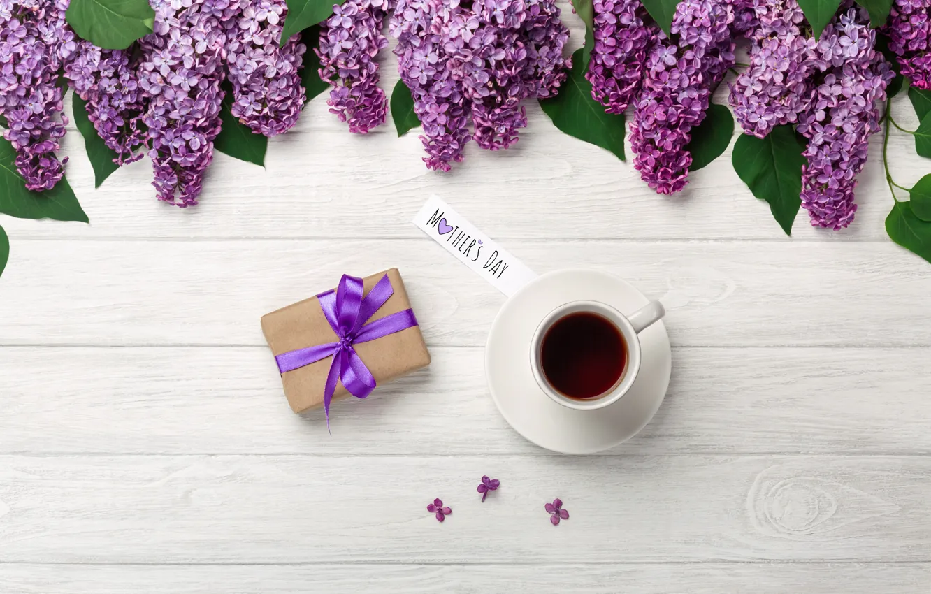Photo wallpaper flowers, holiday, gift, coffee, lilac