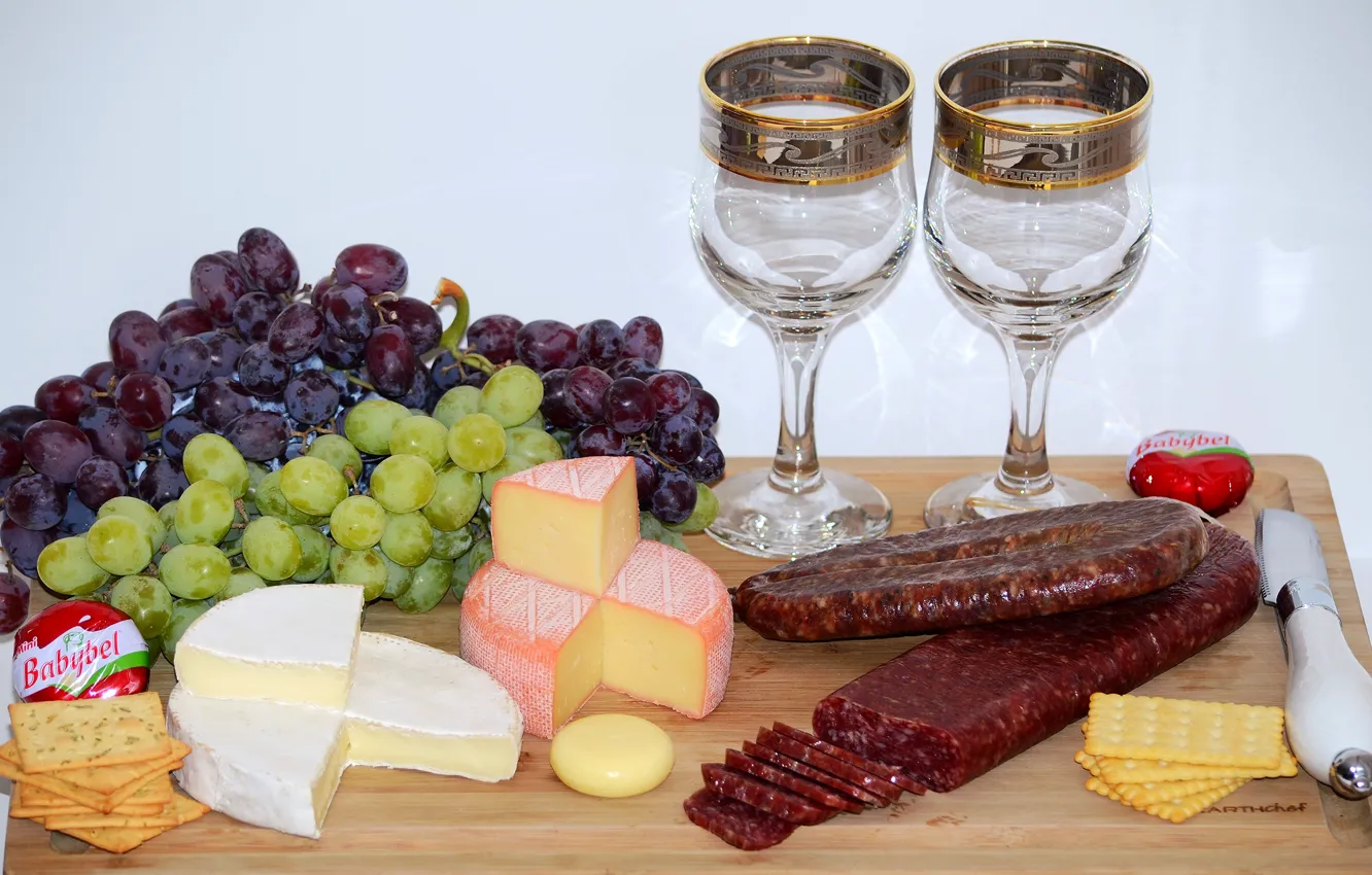 Photo wallpaper table, cheese, glasses, grapes, knife, sausage, bokeh