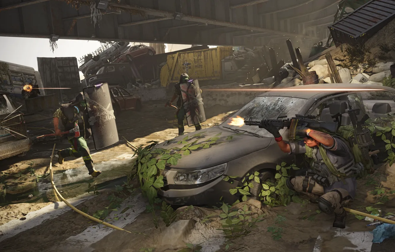 Photo wallpaper machine, soldiers, ruins, shield, shootout, Tom Clancy's The Division 2