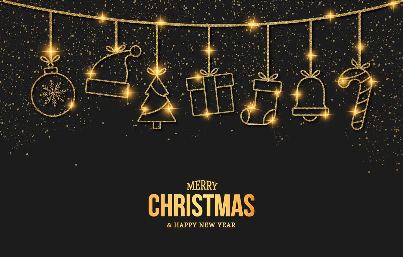 Photo wallpaper decoration, gold, Christmas, New year, golden, christmas, black background, new year