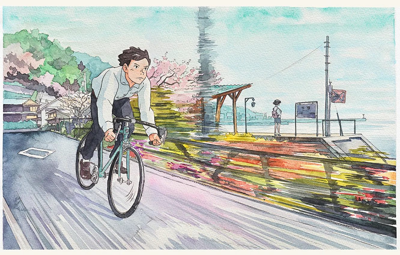 Photo wallpaper bike, the city, speed, Japan, watercolor