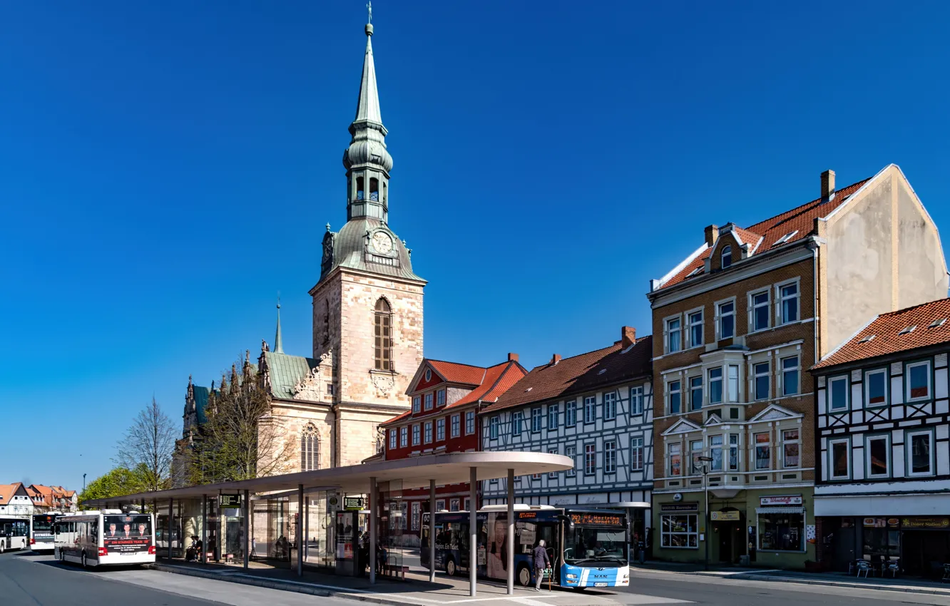 Photo wallpaper home, Germany, Church, bus, stop, Wolfenbüttel