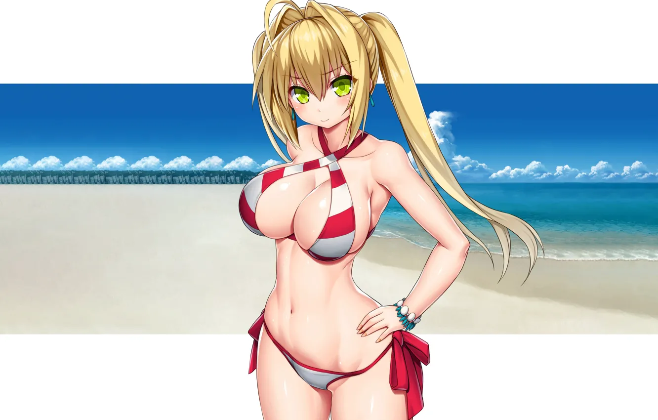 Photo wallpaper girl, sexy, cleavage, beach, long hair, sea, boobs, saber