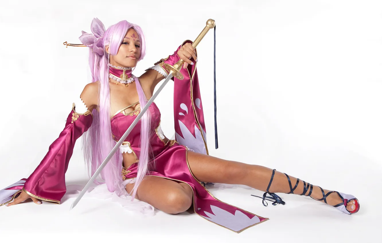 Photo wallpaper look, girl, decoration, sword, dress, cosplay