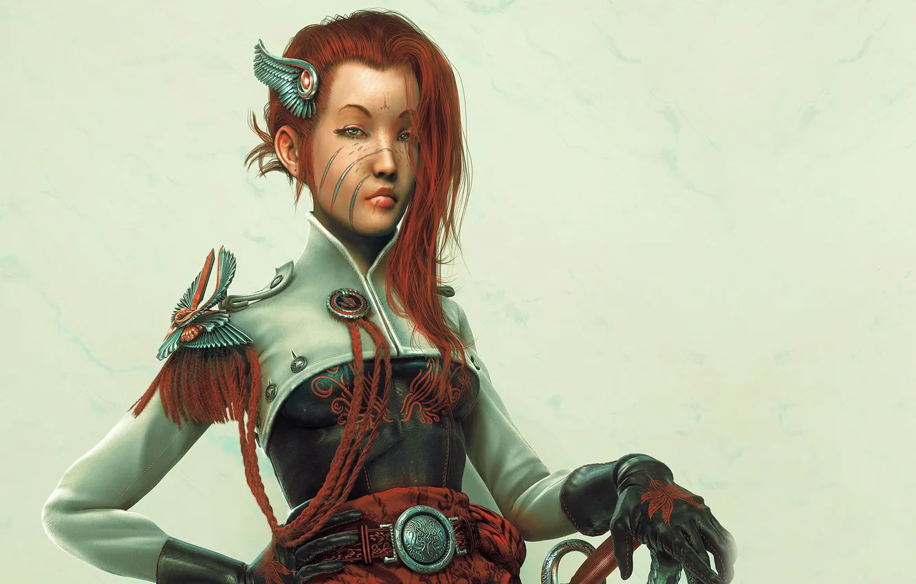 Photo wallpaper girl, fantasy, red, scar, officer, saber, in the skin, uniform