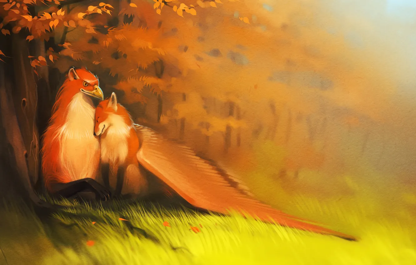 Photo wallpaper forest, wings, beak, Fox, Griffin, art