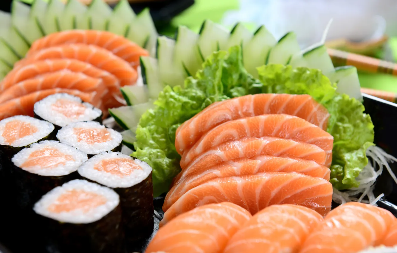 Photo wallpaper greens, fish, sushi, sushi, fish, Japanese cuisine, herbs, Japanese cuisine