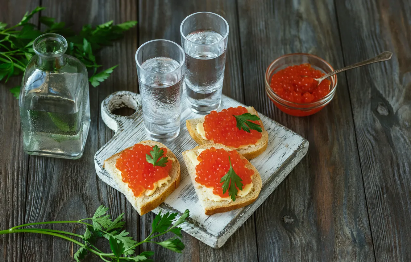 Photo wallpaper vodka, parsley, red caviar, sandwiches