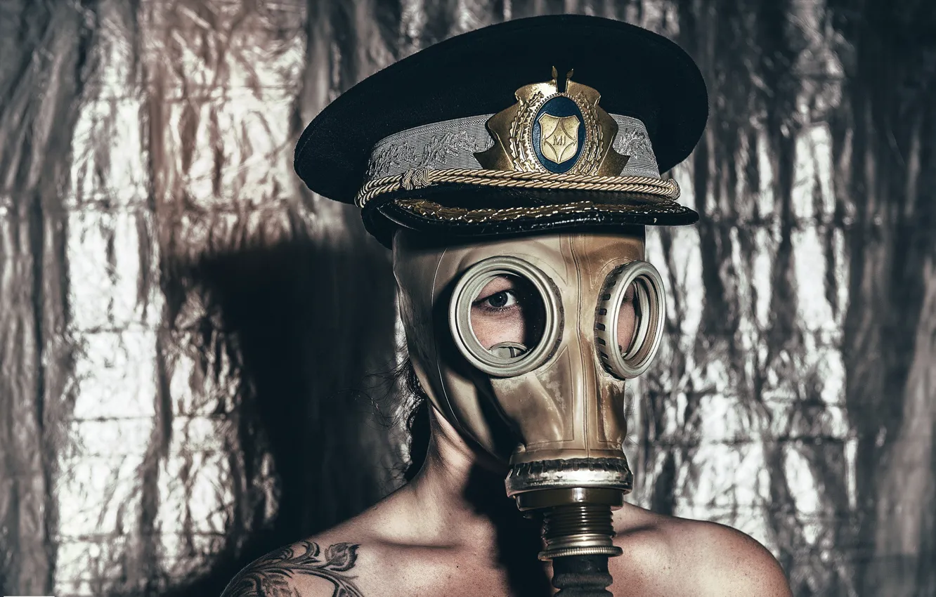 Photo wallpaper girl, portrait, gas mask