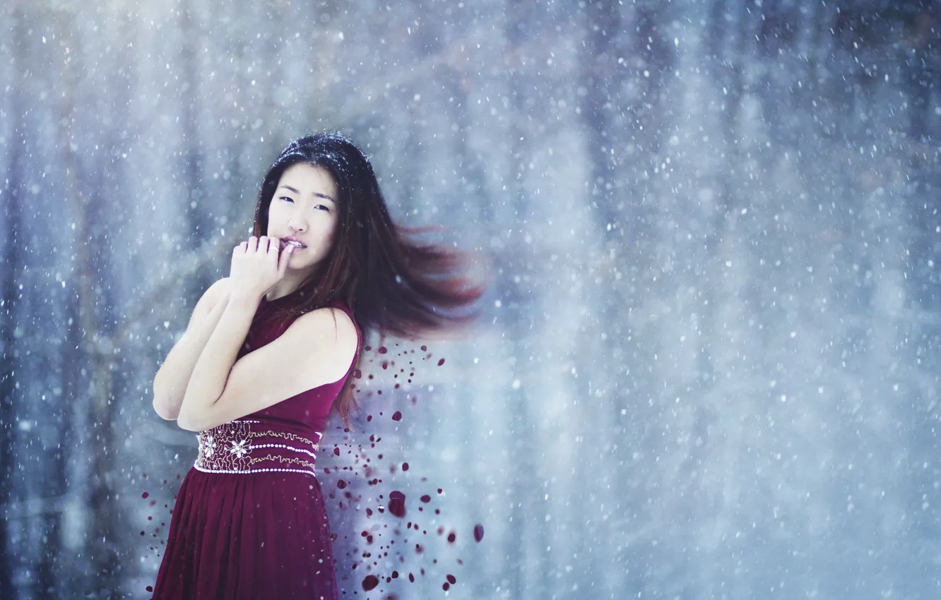 Photo wallpaper girl, dress, winter, hair, snowing