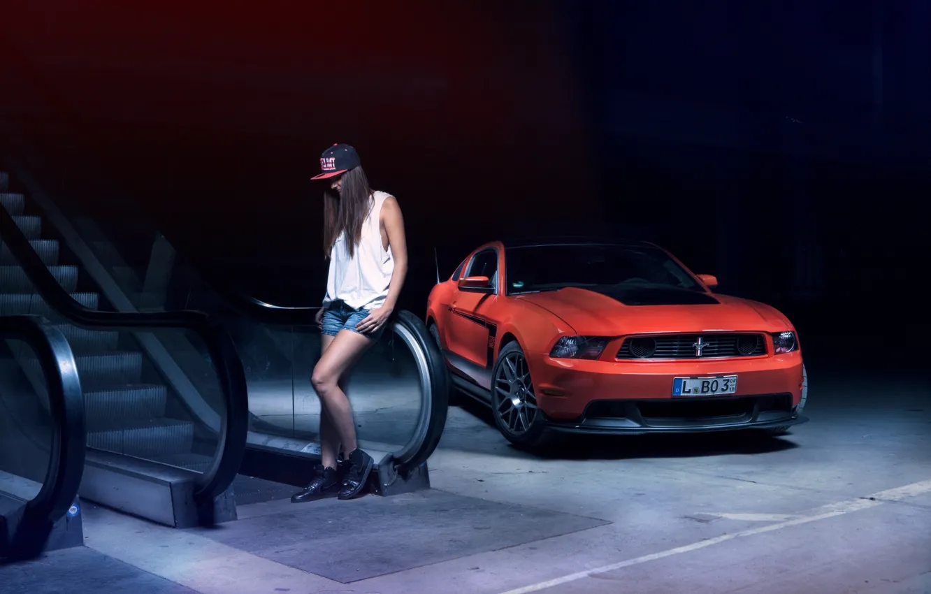 Photo wallpaper Mustang, Ford, Girl, Boss 302, Orange, Car, Model, SWAG