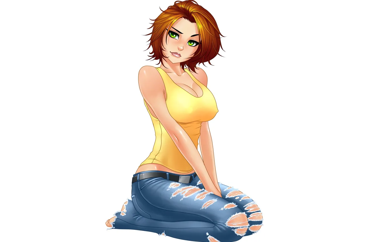 Photo wallpaper Girl, cleavage, green eyes, minimalism, breast, barefoot, jeans, face