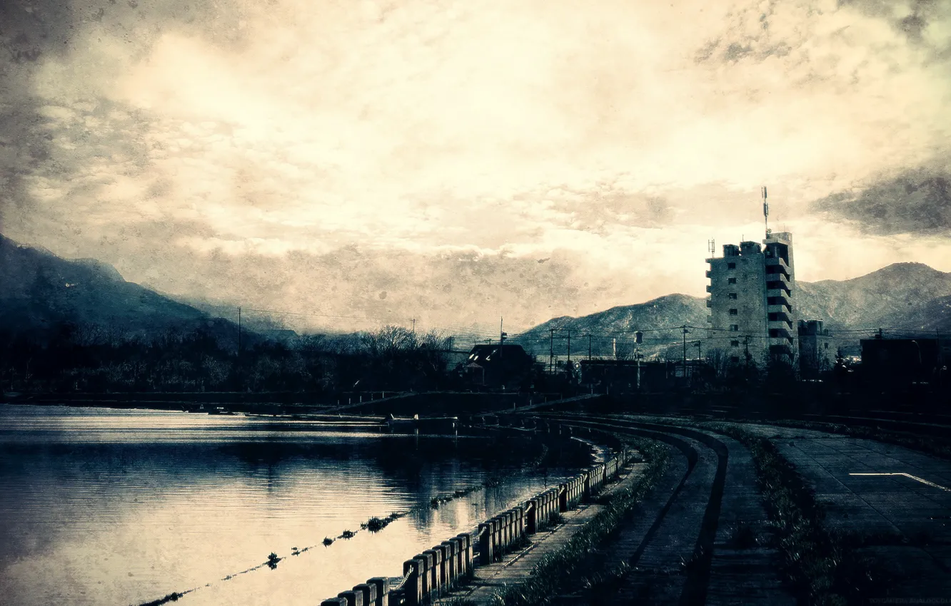 Photo wallpaper road, mountains, city, pond, structure