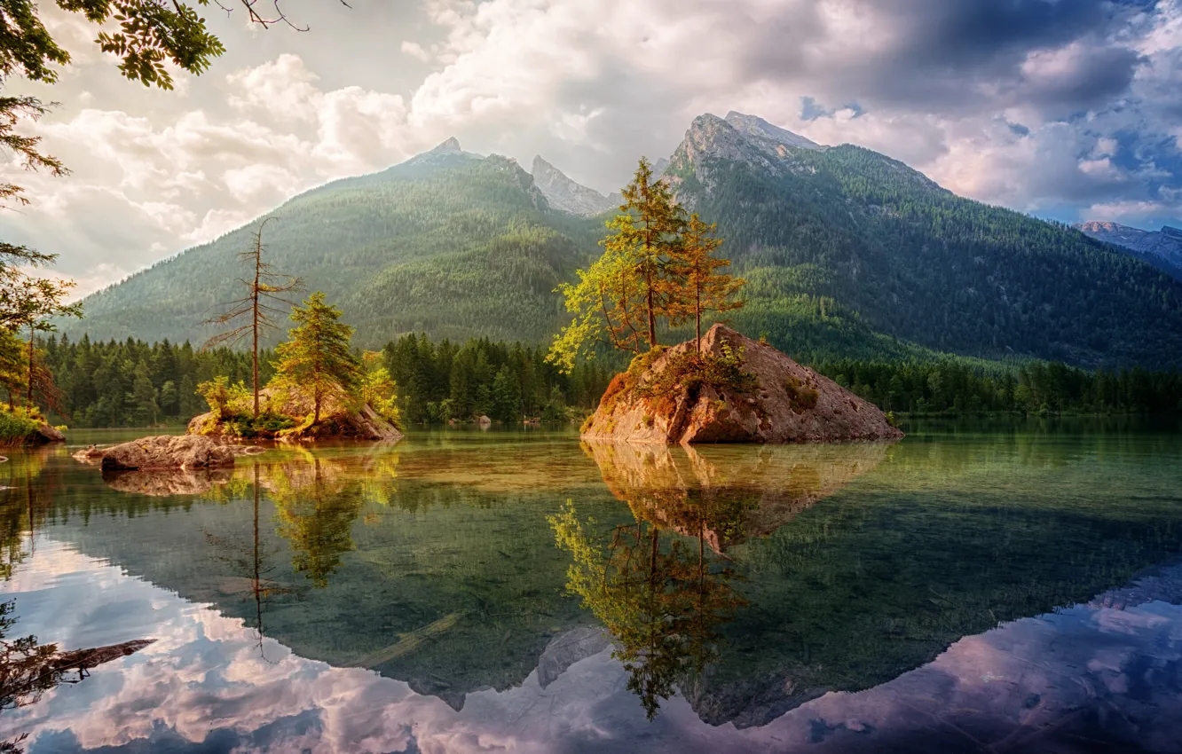 Photo wallpaper trees, mountains, lake, rocks