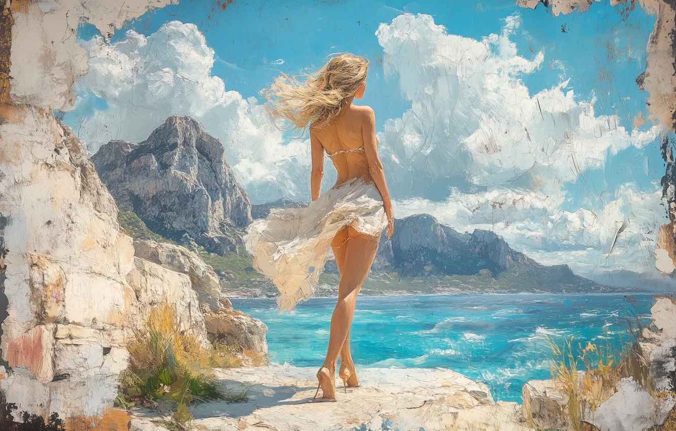 Photo wallpaper sea, look, girl, nature, pose, shore, blonde, white dress