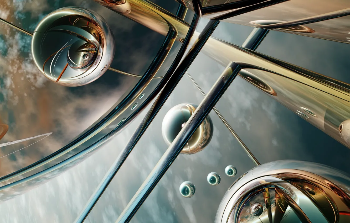 Photo wallpaper the sky, metal, reflection, design, planet, height, industrial sky