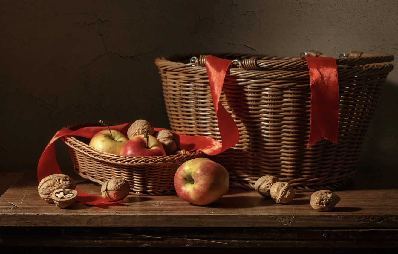 Photo wallpaper the dark background, apples, tape, still life, basket, items, braid, walnuts