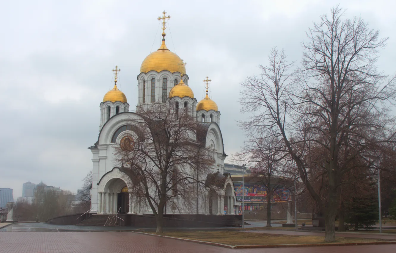 Photo wallpaper the sky, trees, clouds, rain, overcast, the building, spring, Russia