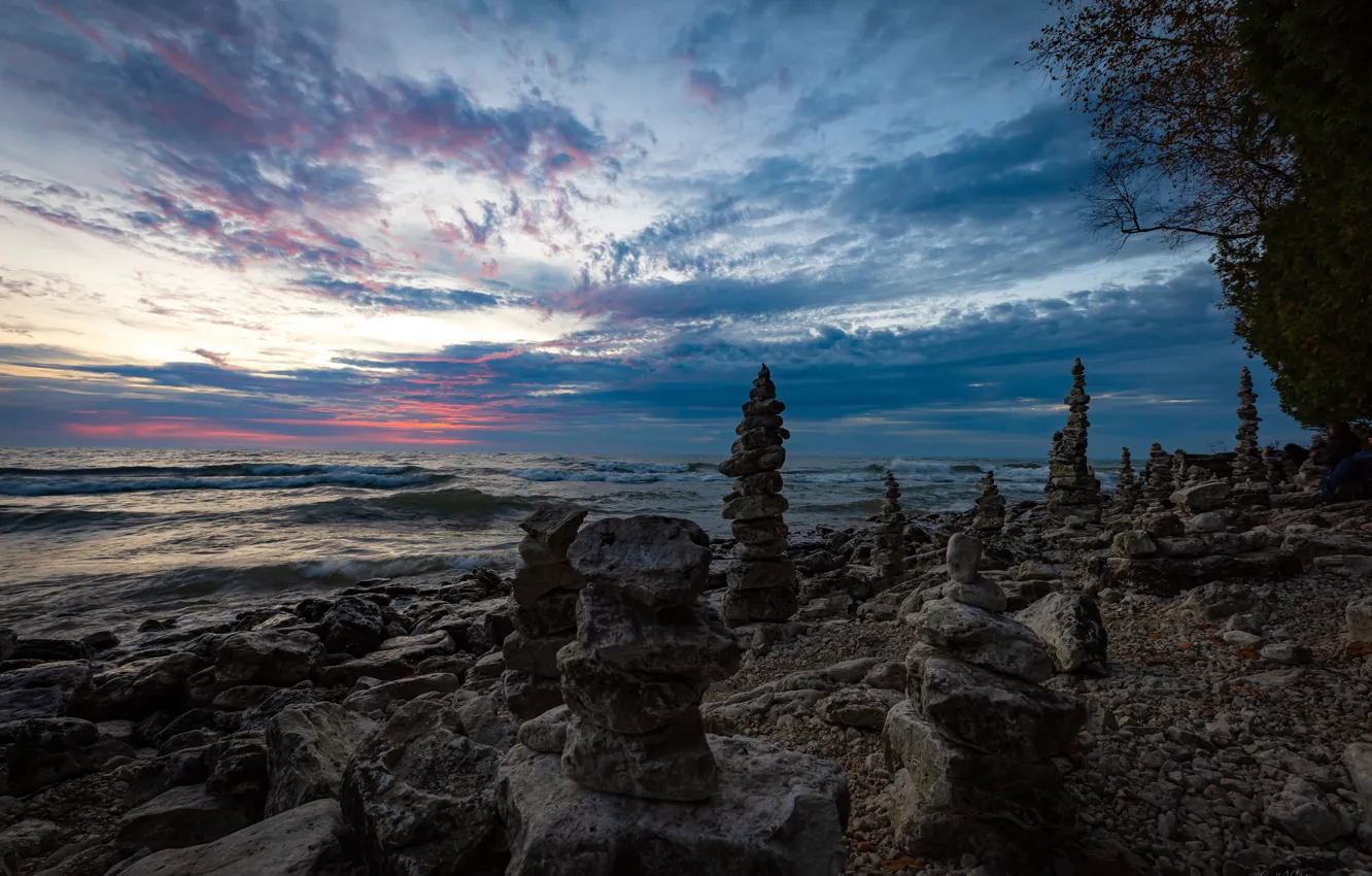 Photo wallpaper the sky, sunset, lake, stones, coast, Wisconsin, Wisconsin, Lake Michigan