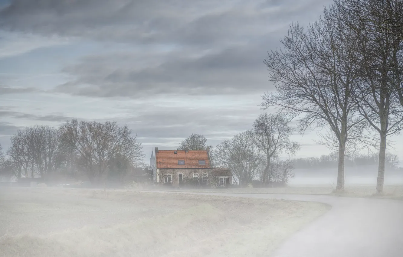 Photo wallpaper road, fog, house, Nederland, Zeeland, Abbekinderen