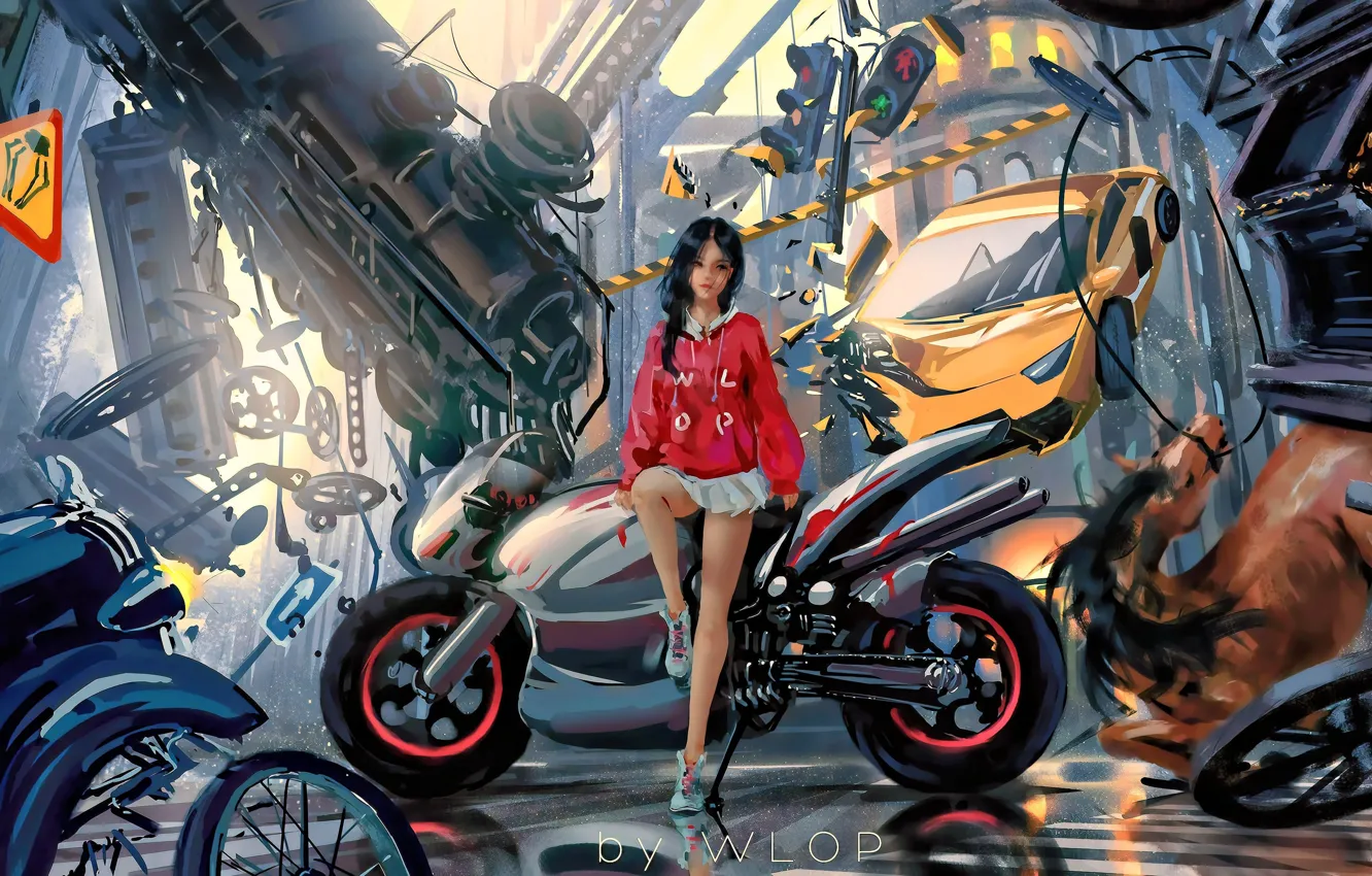 Photo wallpaper girl, anime, brunette, art, bike