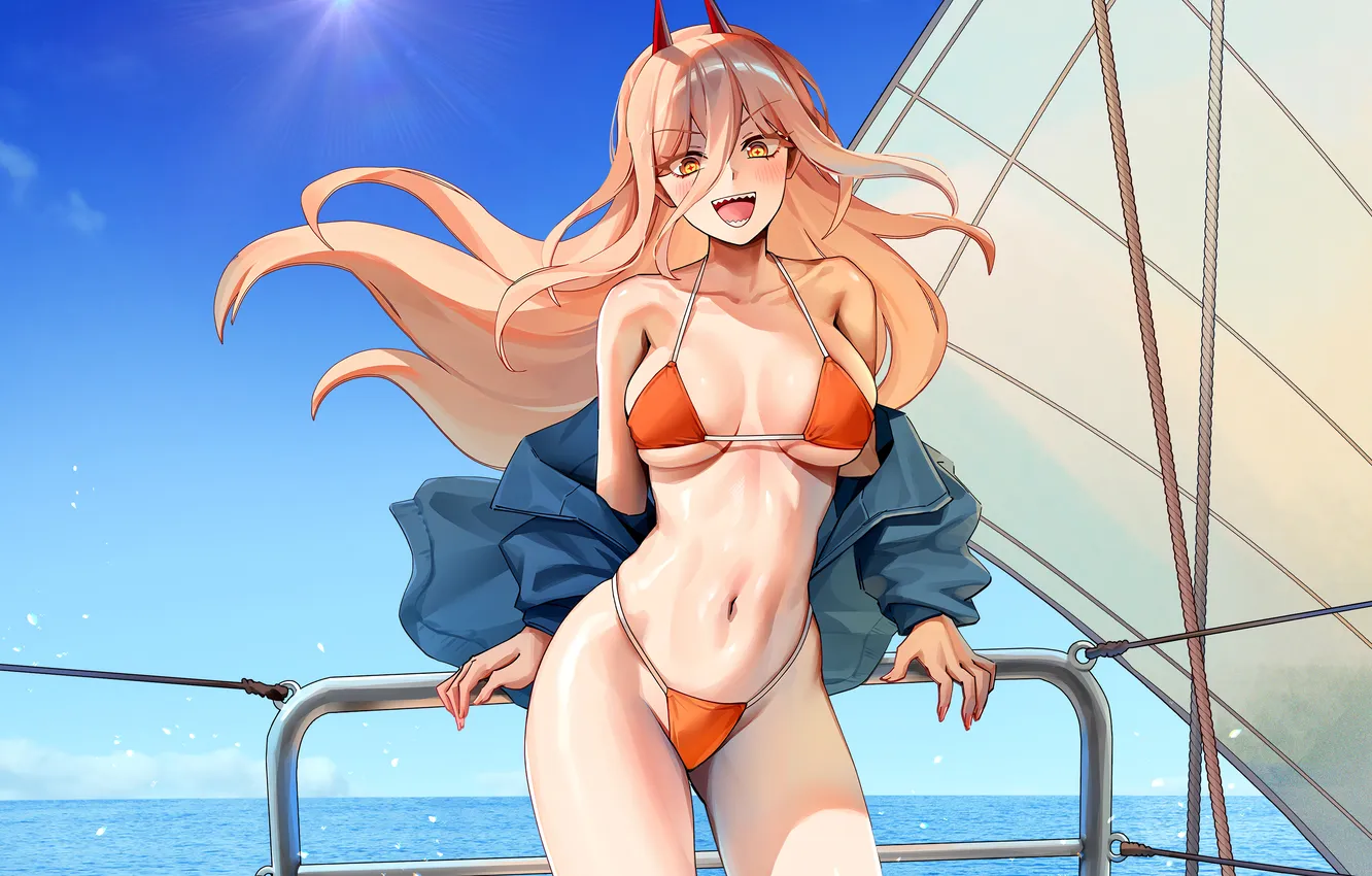 Photo wallpaper girl, sexy, cleavage, horns, long hair, boobs, anime, power