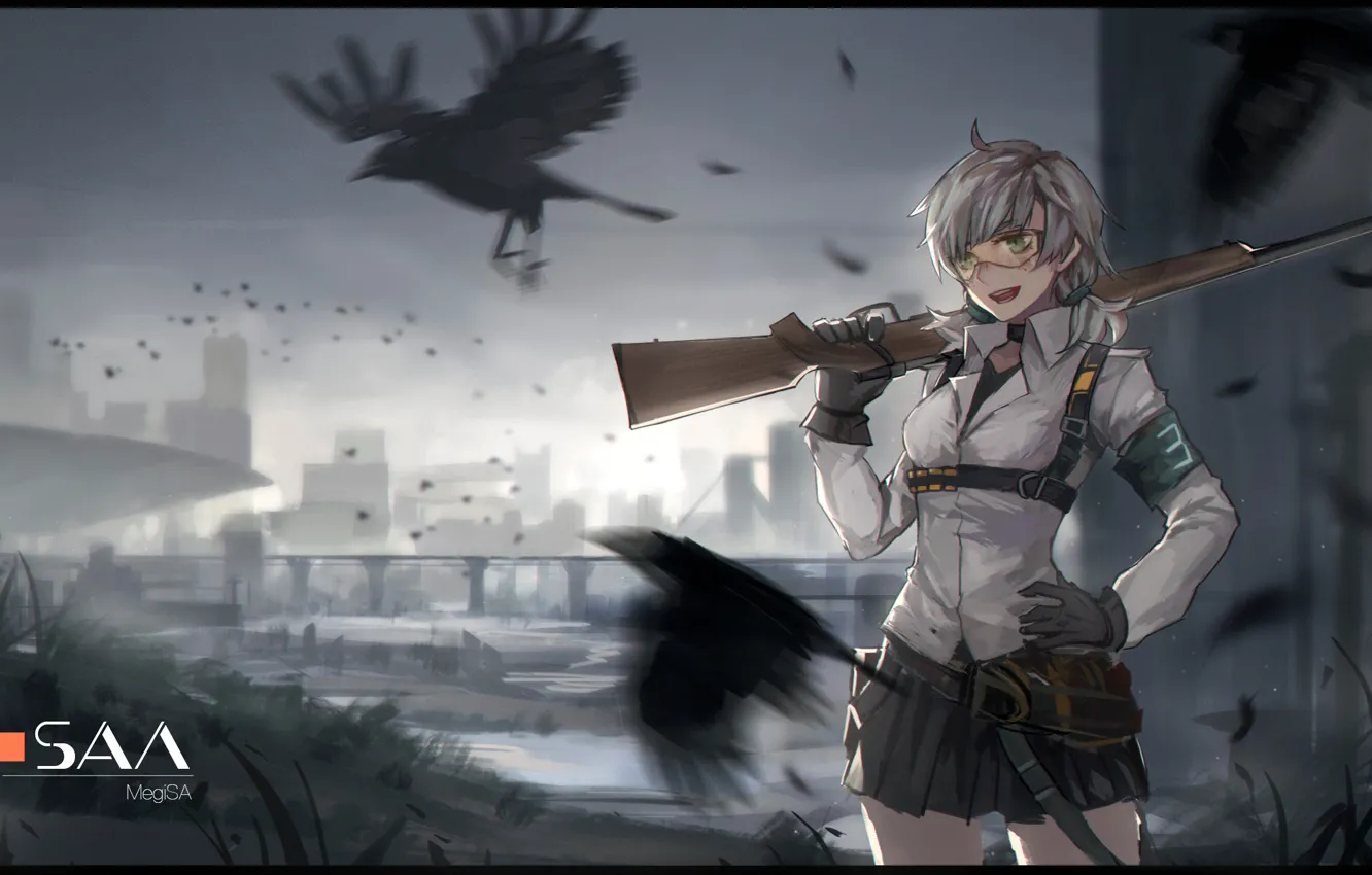 Photo wallpaper girl, birds, bridge, the city, smile, weapons, anime, art