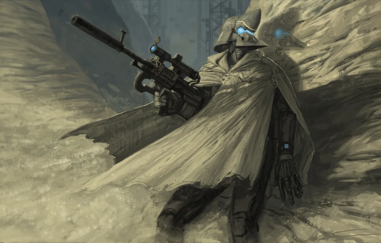 Photo wallpaper weapons, rocks, warrior, art, helmet, cloak