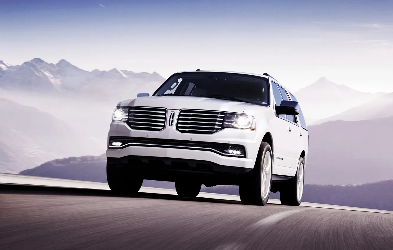 Photo wallpaper road, machine, auto, white, day, SUV, in motion, Lincoln Navigator