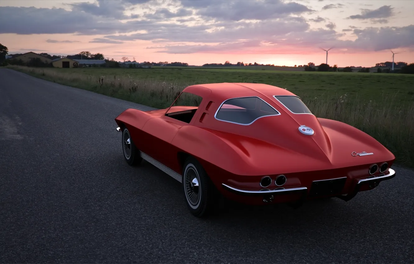 Photo wallpaper road, field, machine, auto, the sky, clouds, trees, sunset
