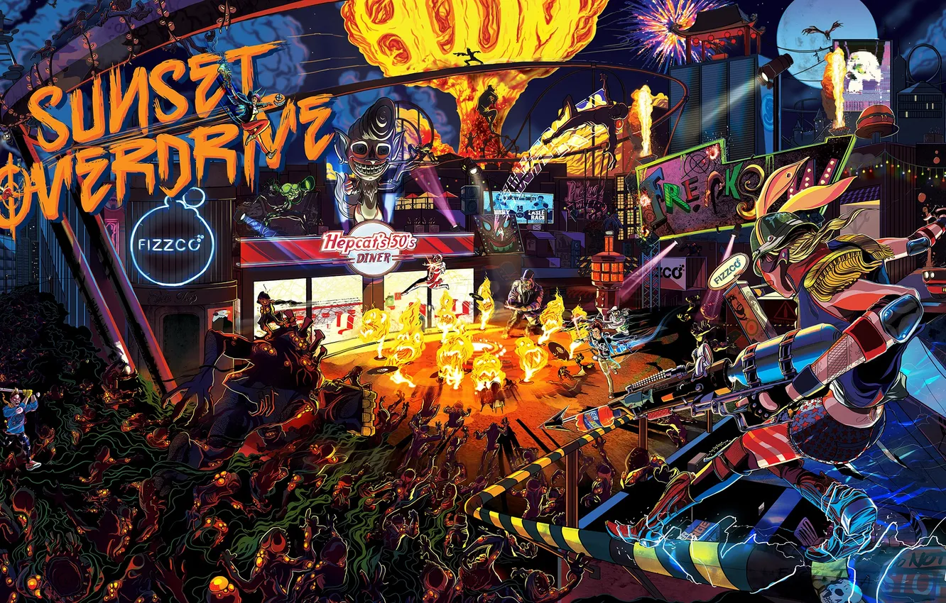 Photo wallpaper Sunset Overdrive, Insomniac Games, Sunset City, drink Overcharge Delirium XT, the Corporation FizzCo