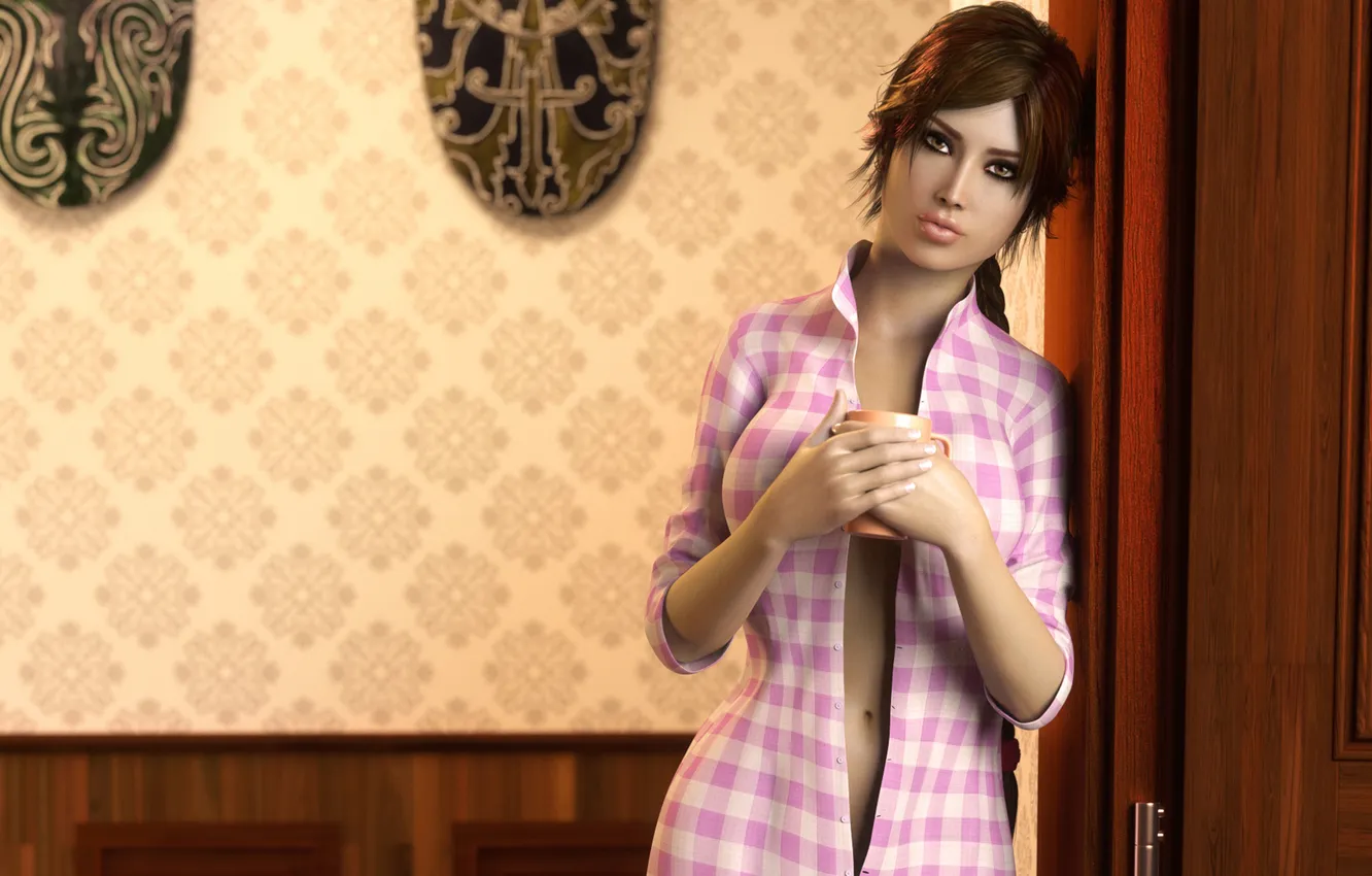 Photo wallpaper girl, coffee, morning, beauty, Cup, Tomb Raider, shirt, Lara Croft
