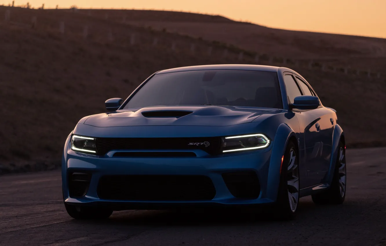 Photo wallpaper sunset, lights, the evening, Dodge, front view, Charger, Hellcat, SRT