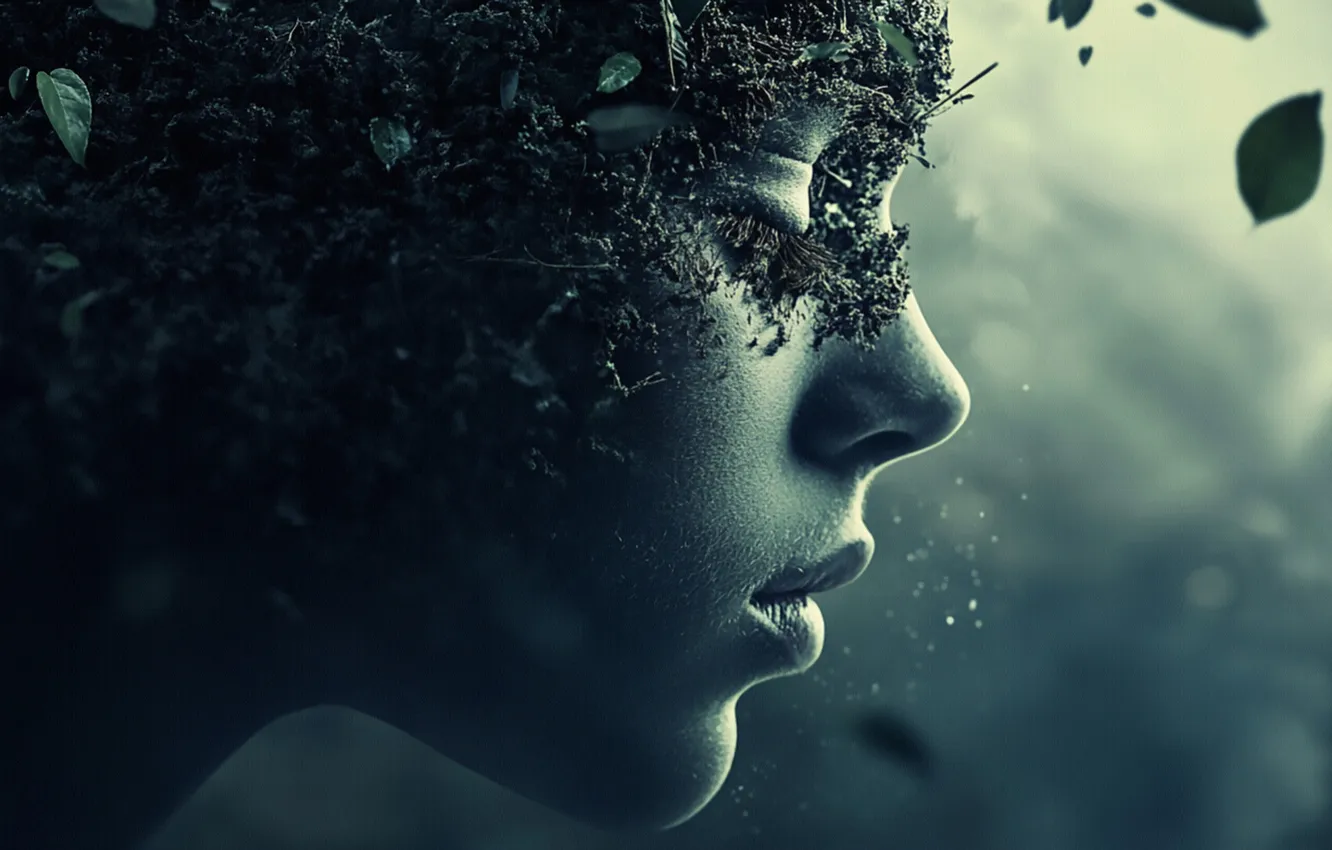Photo wallpaper leaves, girl, light, face, fantasy, moss, profile, falling leaves