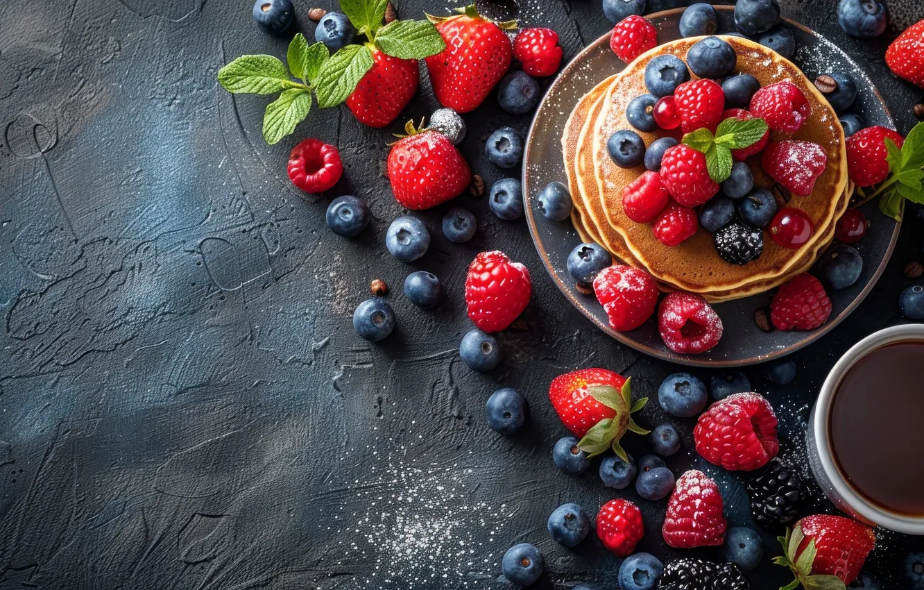 Photo wallpaper berries, raspberry, the dark background, table, tea, blueberries, strawberry, plate