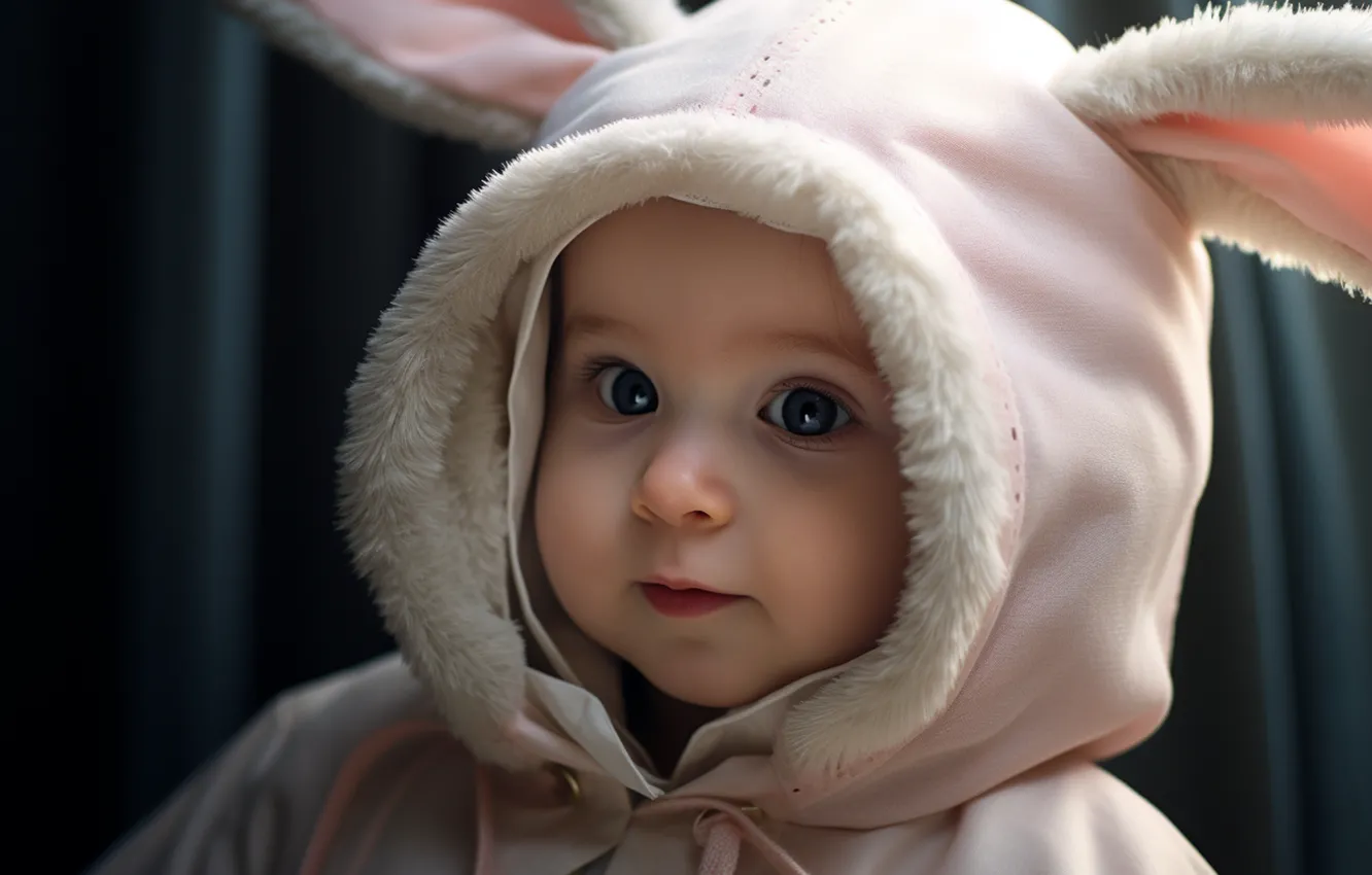 Photo wallpaper look, children, portrait, baby, costume, Bunny, Bunny, ears